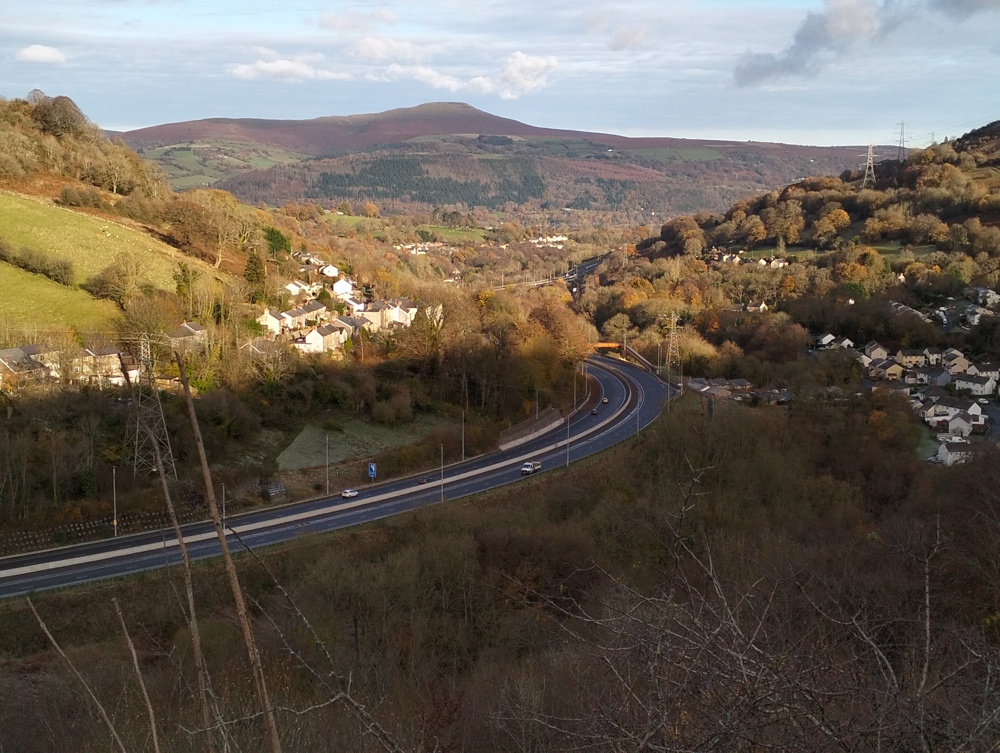 Clydach Gorge Wales, view over the motorway to the hills